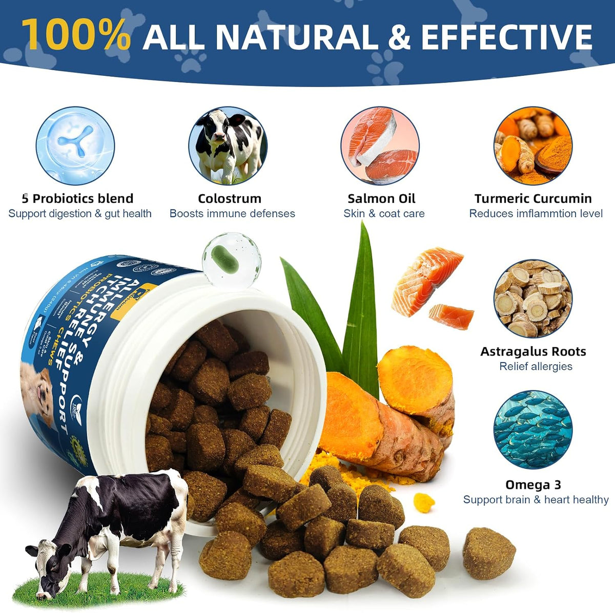 Dog Allergy Relief Chews, Helps Relieve Itchy Skin, Paw Licking & Ear Irritation, Dog Allergy Supplement with Probiotics for Skin & Immune Support, Colostrum & Fish Oil