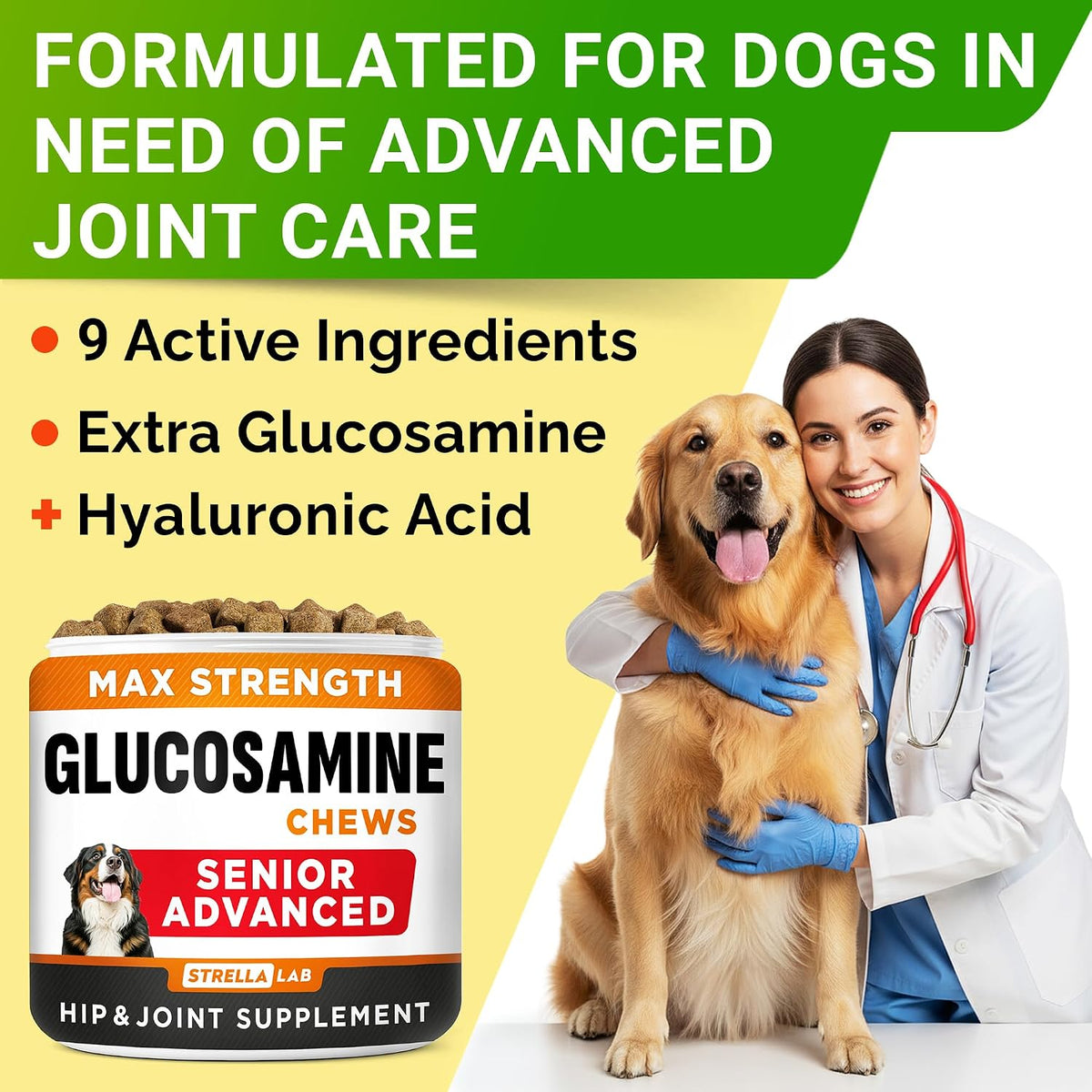 Advanced Glucosamine for Dogs, Chondroitin & MSM Hip Joint Supplement Chews | Made in USA - Supports Hip Joint Mobility w/Omega-3 - Joint Pain Relief - Chewable Treats, All Breeds - Vet-Approved (120Ct)