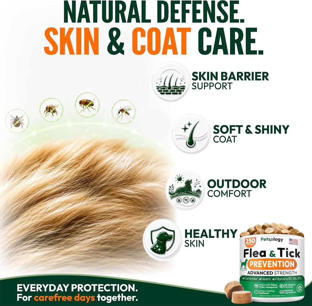 Flea and Tick Prevention for Dogs Pills - 250 Chews - Flea & Tick Control | Natural Dog Oral Defense Treatment Supplement - Vet Formulated Chews - All Breeds & Ages - Immune Support - Made in USA
