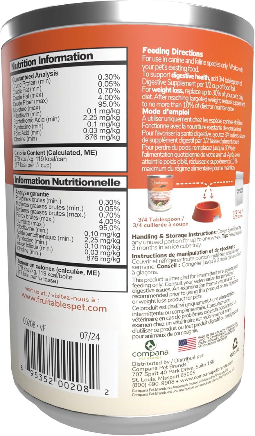 Fruitables Pumpkin Digestive Supplement, Fiber Supplement for Dogs, 15oz | Pumpkin Puree for Dogs, Dog Food Topper, Pumpkin Food Topper, Digestive Health, Fiber Supplement, Superfoods, Pet Nutrition