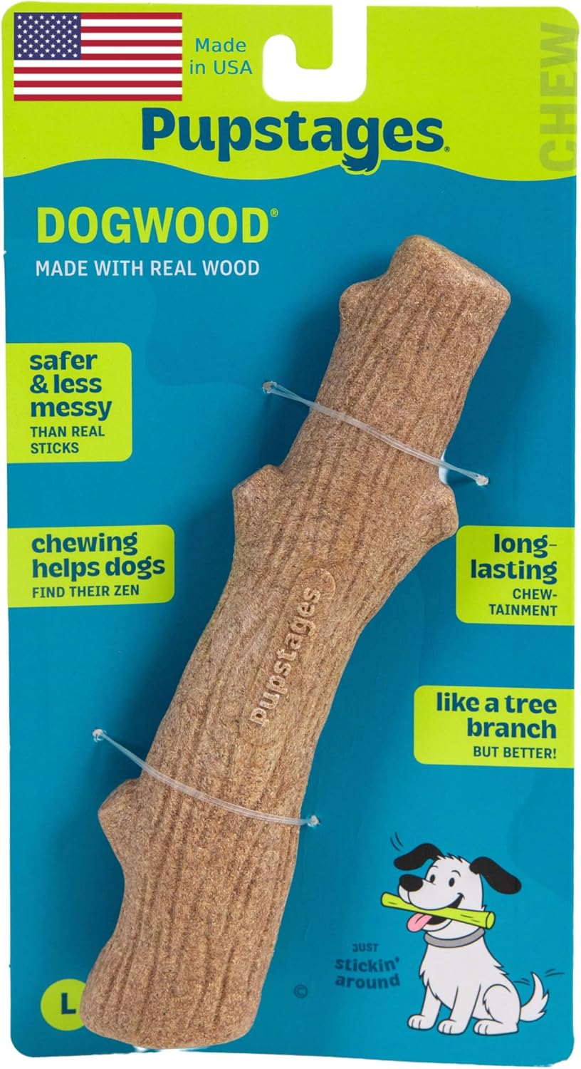 Pupstages Dogwood Stick Dog Chew Toy, Made in USA, Medium, 7.4" | Real-Wood Blend, Natural Wood Flavor, No Nylon, Dishwasher-Safe, Moderate Chewers, Medium Dogs (26-35 lbs)