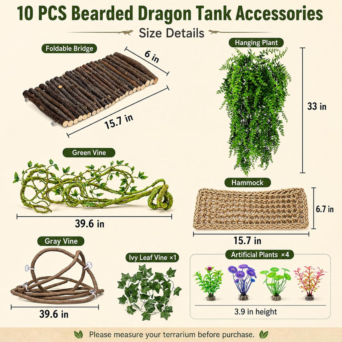 RUNANIA Bearded Dragon Tank Accessories, 10 PCS Reptile Hammock Plants Bridge Jungle Climber Vines for Snakes Bearded Dragon Chameleon Gecko Lizard