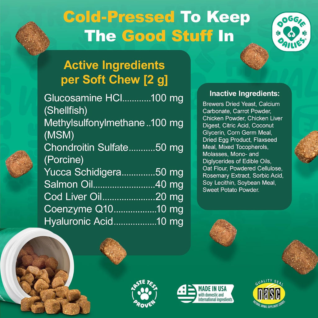 Doggie Dailies Hip & Joint Chews for Dogs, Chicken, All Breeds, 225 Count | Glucosamine & Chondroitin Supplement, Supports Joint Health & Mobility, Soft Chews for Dogs of All Breeds & Sizes