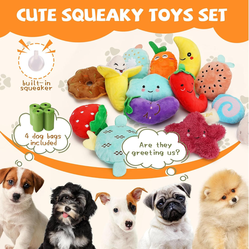 20-Pack Plush Squeaky Dog Toys for Small Dogs | 16 Plush Toys,4 Dog Bags,Built-In Squeakers,Keeps Dogs Busy,Boredom Relief