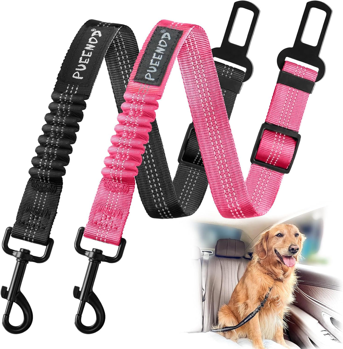 2 Pack Dog Seat Belt Adjustable Dog Car Seatbelts for Vehicle Nylon Pet Safety Seat Belt with Elastic Bungee Buffer Reflective & Durable Car Harness for Dogs