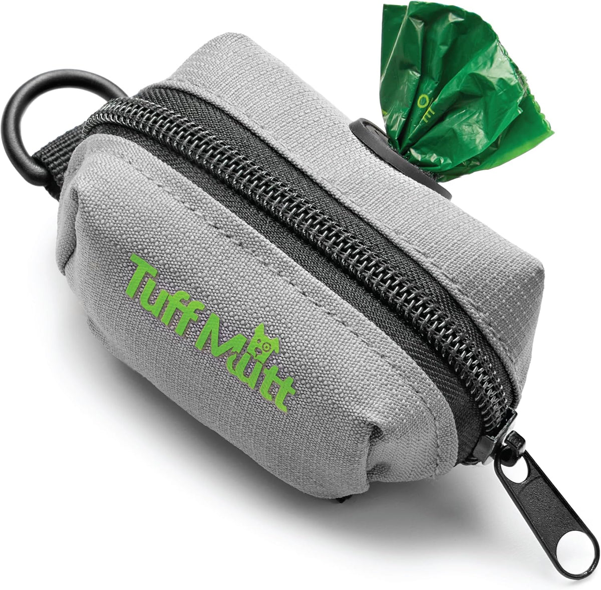 Tuff Mutt Dog Poop Bag Holder for Leashes with Velcro Attachment | Zippered Bag Dispenser, No-Swing Fit, Roomy for Backup Roll & Extras, D-Ring for Keys, Durable Fabric