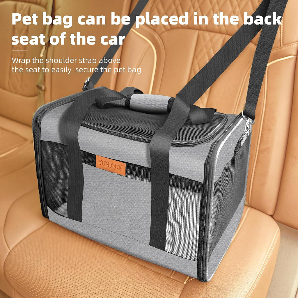 YUNIQUE Soft-Sided Cat & Dog Carrier for Pets Up to 15 Lbs, Airline Approved Collapsible Travel Puppy Carrier with Lightweight Fabric Design (Grey)