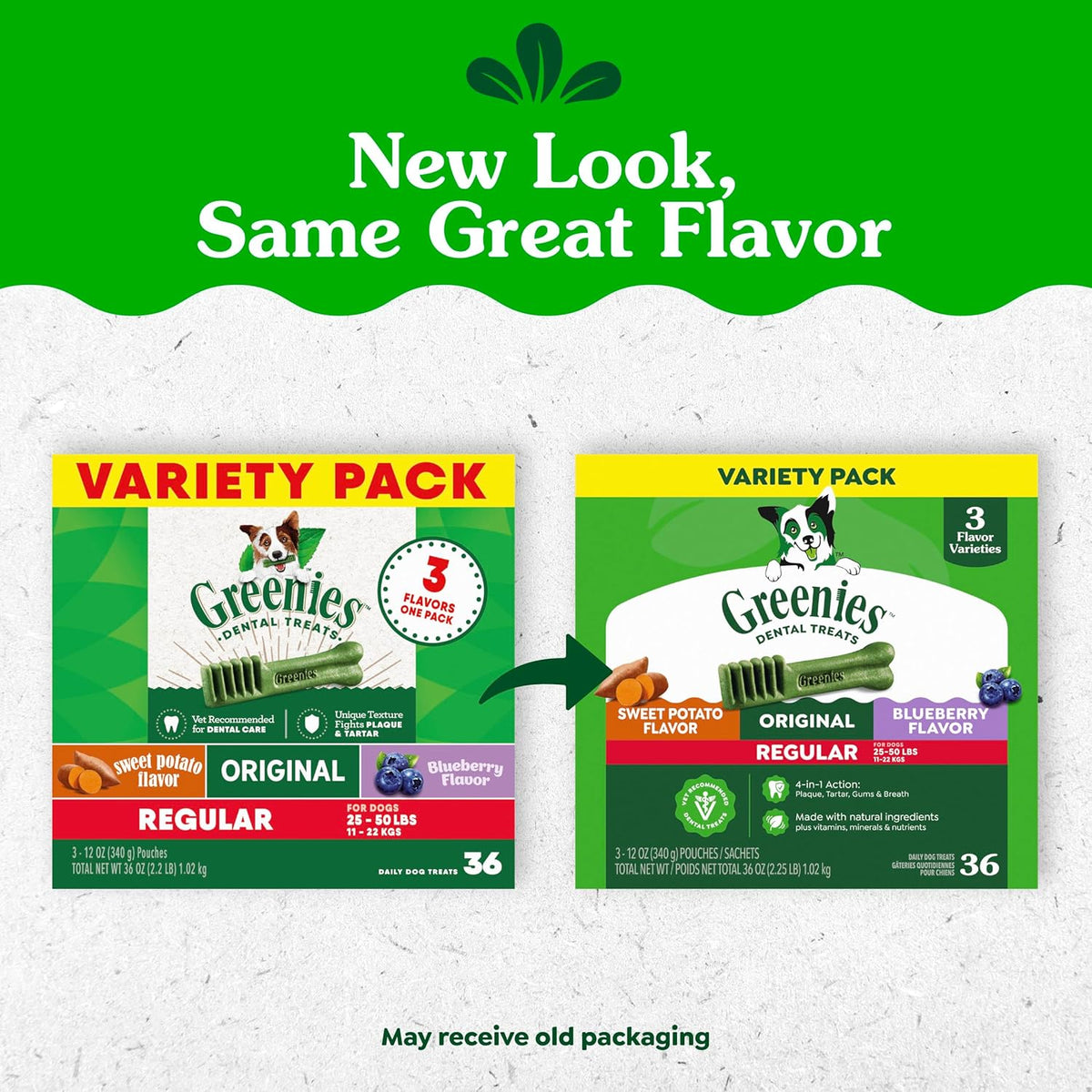 Greenies Regular Dental Dog Treats Flavor, Variety Pack, 36 Count | Veterinarian-recommended, Original, Blueberry, Sweet Potato flavors, (3) 12 oz. packs, for dogs 25-50 lbs, freshens breath