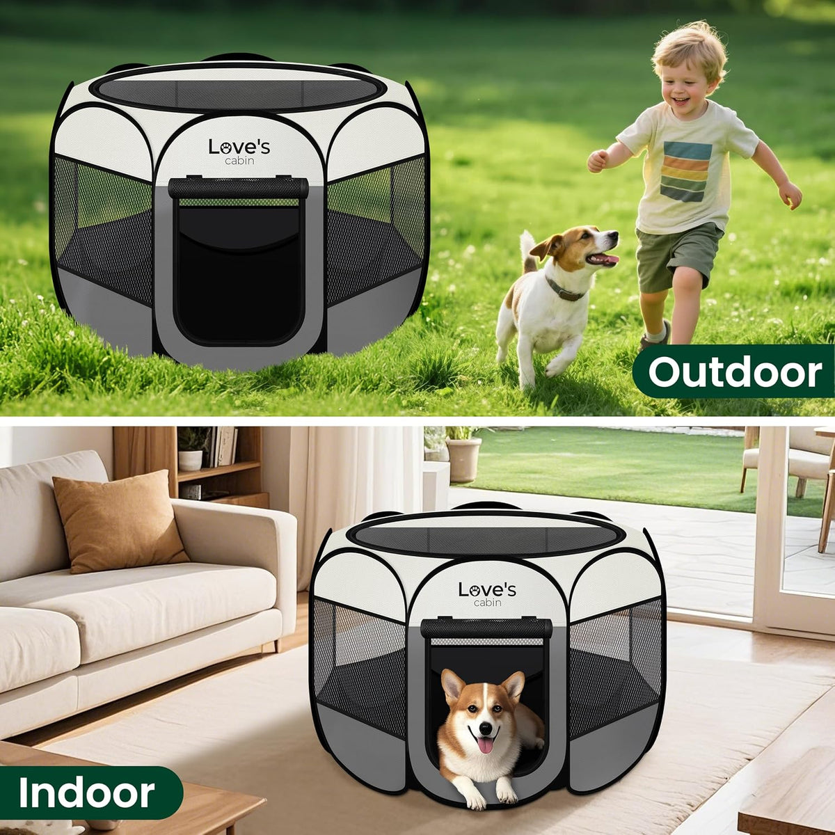Love's cabin Pet Puppy Dog Playpen, Small Dog Tent Crates Cage Indoor/Outdoor, Portable Playpen for Cat, Foldable Pop Up Dog Kennel Playpen with Carring Case, Removable Zipper Top, Grey