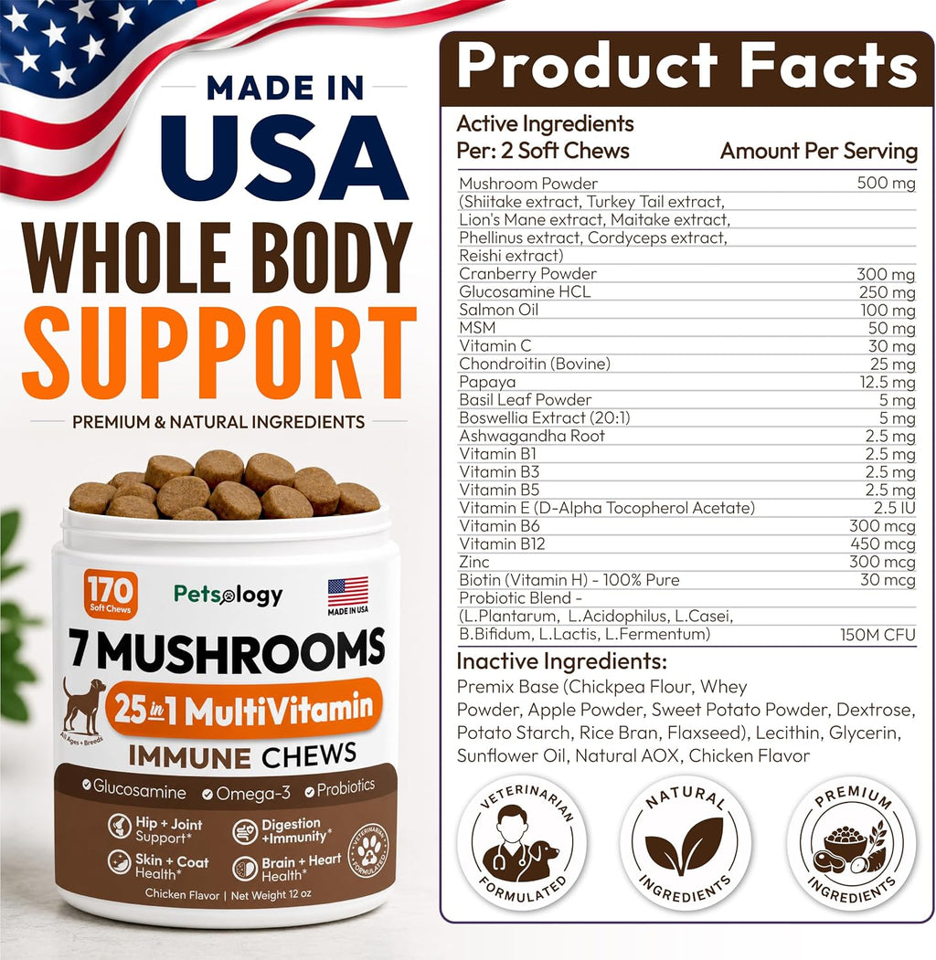 Turkey Tail Mushroom for Dogs - 170 Chews - Lion's Mane, Shiitake & Reishi