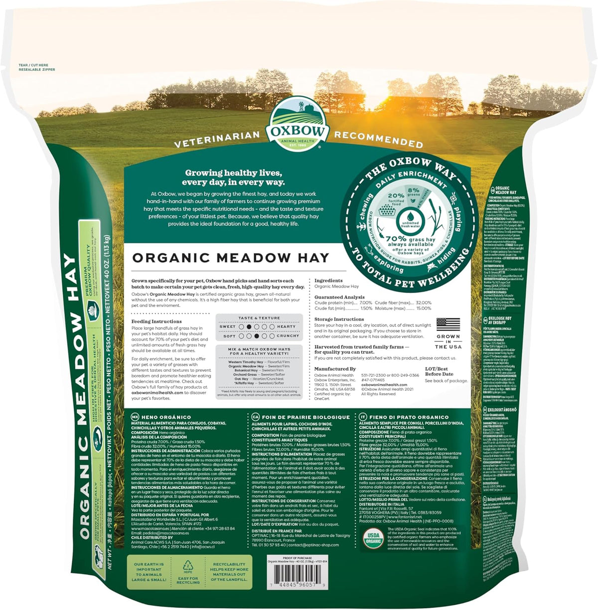 Oxbow Organic Meadow Hay, Rabbit & Guinea Pig Hay, High Fiber, 40 oz