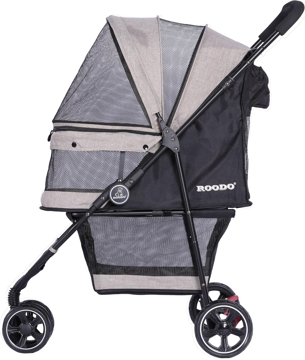 ROODO 3 Wheel Dog Pet Cat Stroller Best Lightweight Foldable Compact Portable Jogger All Terrain Travel Pet Gear Puppy Kitty Stroller for up to 30lbs Medium Small Dogs and Cats(Light Khaki)