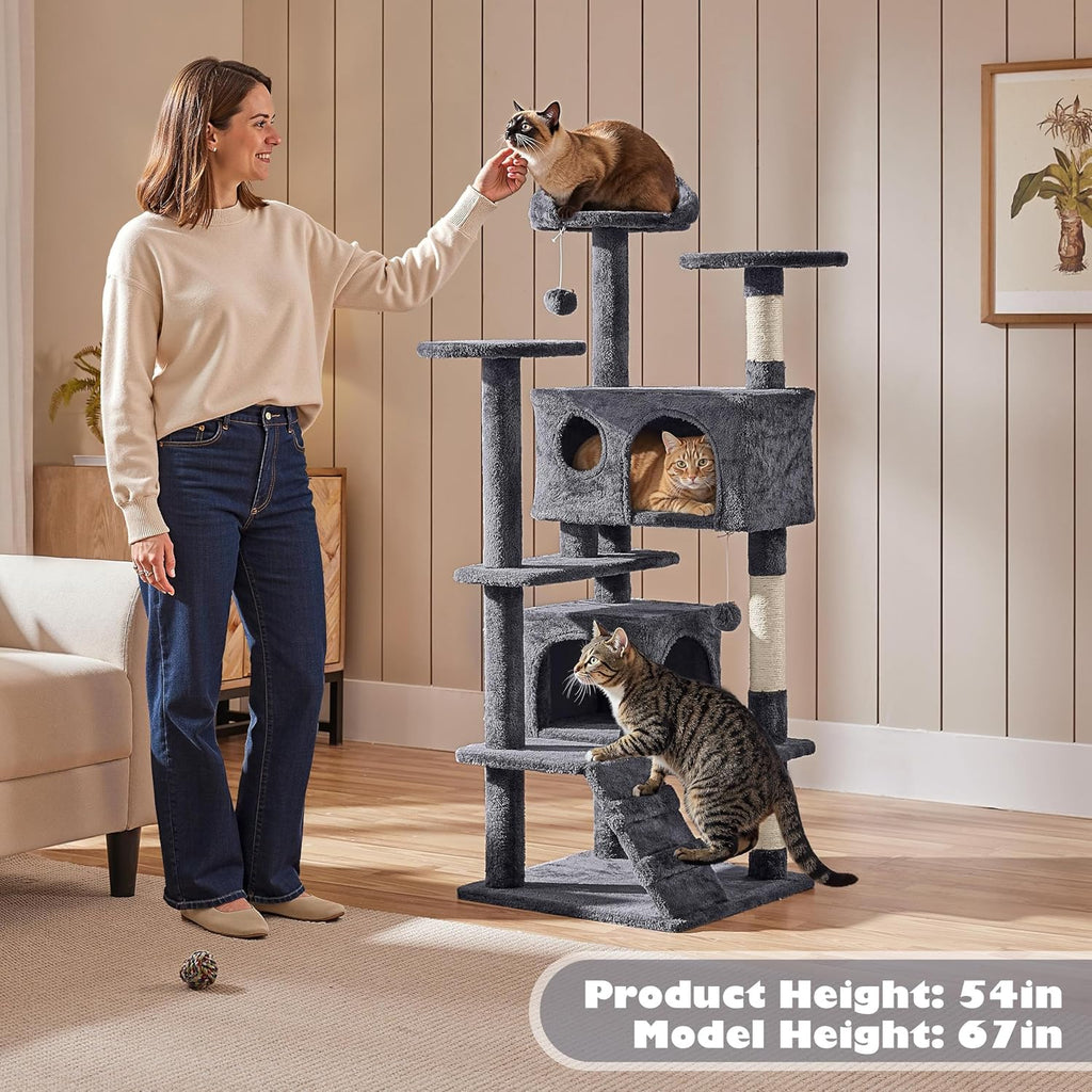 Yaheetech 54in Cat Tree Tower, 2 Caves, Kitten-Ear Perch & Scratching Posts