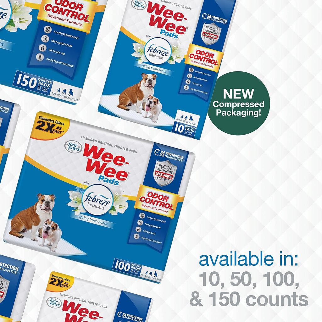 Four Paws Wee-Wee Odor Control with Febreze Freshness Pee Pads for Dogs & Puppies, Leak-Proof Dog Housebreaking Potty Training Floor Protection, Spring Fresh Scent, 22" x 23", 100 Count