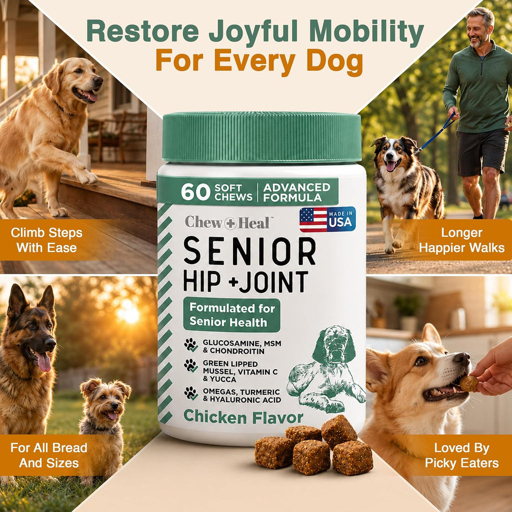 Glucosamine for Senior Dogs Hip and Joint Supplement, 60 Mobility Chews | Made with Glucosamine, MSM, Chondroitin, Green Lipped Mussels and More