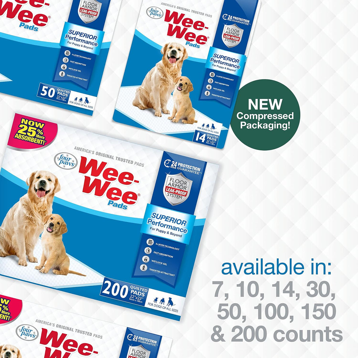 Four Paws Wee-Wee Superior Performance Dog Pee Pads, 200 Count | Quilted leak-proof puppy pads, dog housebreaking & potty training, 24-hour floor protection, pet supplies, 22" x 23"