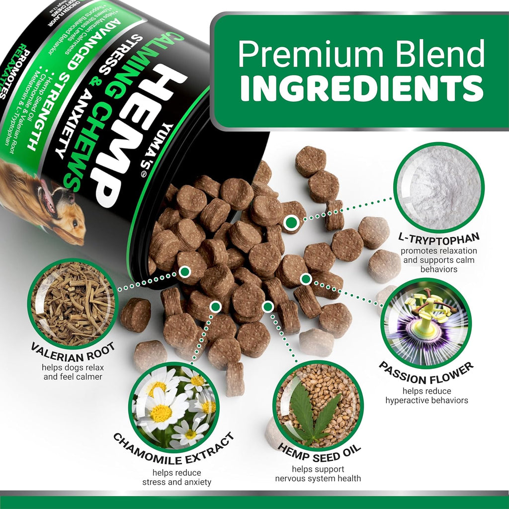 Hemp Calming Chews for Dogs - 170 Chews - Advanced Dog Calming Chews | Dog Anxiety Relief Treats - Separation, Barking, Stress & Thunderstorms - Melatonin, Hemp Oil, Valerian Root - Made in USA