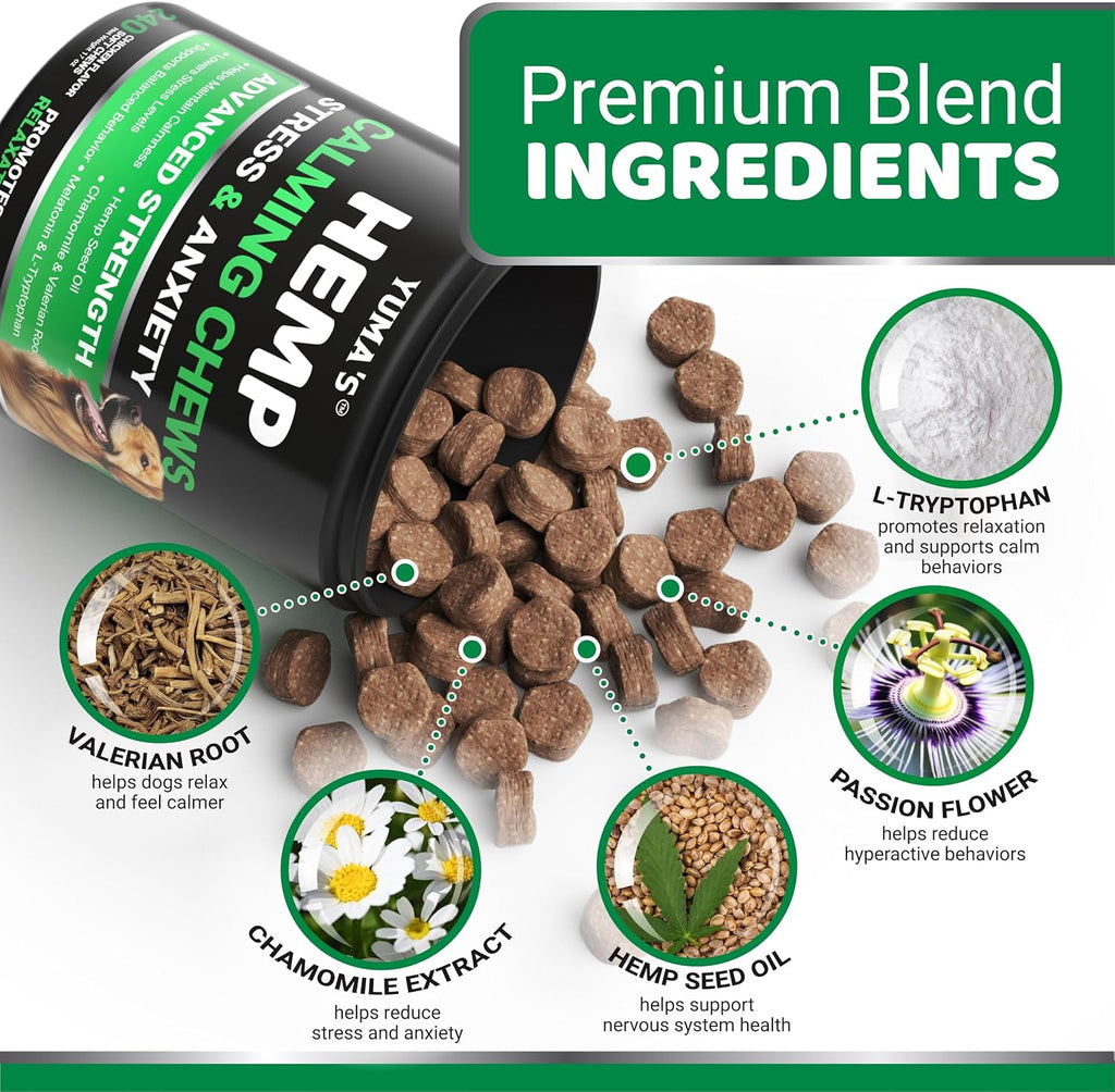 Hemp Calming Chews for Dogs - 240 Treats - Advanced Dog Calming Chews | Dog Anxiety Relief Supplement with Melatonin - Sleep Aid, Separation, Barking, Stress & Travel - Joint Support - Made in USA