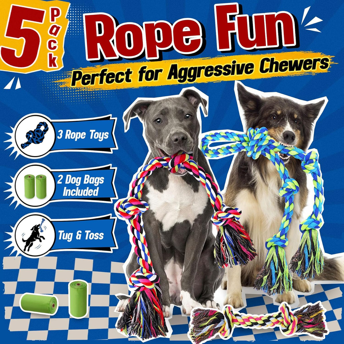 Forfon Tough & Strong Dog Toy for Aggressive Chewers – Tough Chew Toys for Large Dogs, Ideal for Tug-of-War & Teeth Cleaning, with 3 Rope Toys & 2 Dog Bags