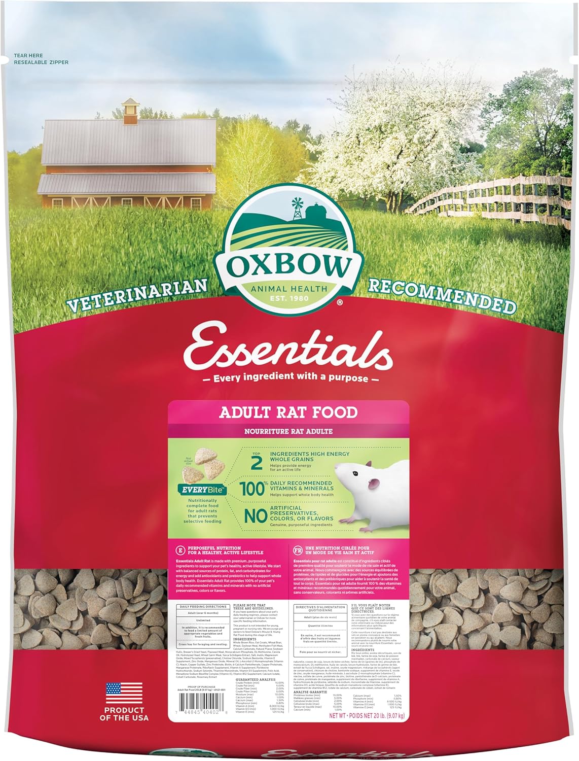 Oxbow Essentials Rat Food, Pet Food for Adult Rats, All-Natural Vitamin & Mineral Rich Formula, Veterinarian Recommended, Oxbow, Rodent Pellets, Made in USA, No Artificials, 3 lb. Bag
