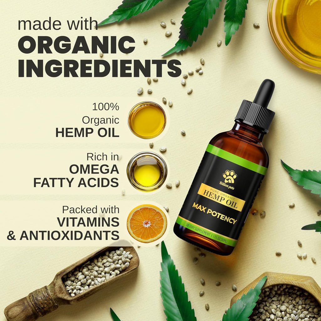 Billion Pets - Hemp Oil for Dogs and Cats - Helps with Anxiety, Pain, Stress, Sleep, Arthritis, Seizures Relief - Hip and Joint Support - Calming Drops