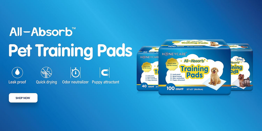 Honey Care All-Absorb, Small 17.5" x 23.5", 120 Count, Dog and Puppy Training Pads, Ultra Absorbent and Odor Eliminating, Leak-Proof 5-Layer Potty Training Pads with Quick-Dry Surface, Blue, A05