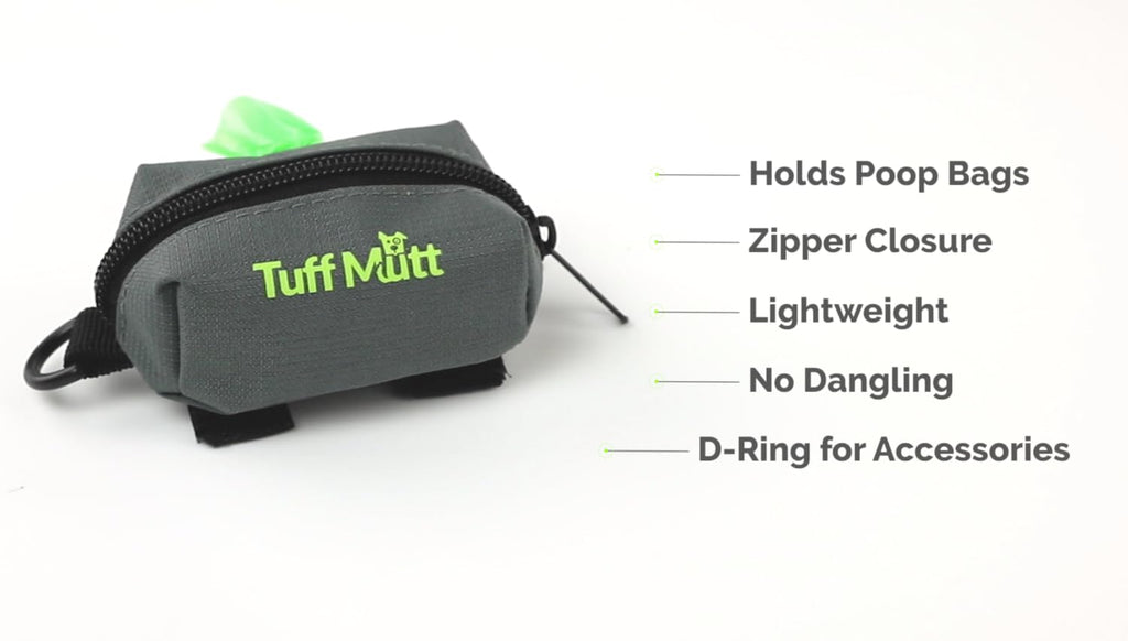 Tuff Mutt Dog Poop Bag Holder for Leashes with Velcro Attachment | Zippered Bag Dispenser, No-Swing Fit, Roomy for Backup Roll & Extras, D-Ring for Keys, Durable Fabric