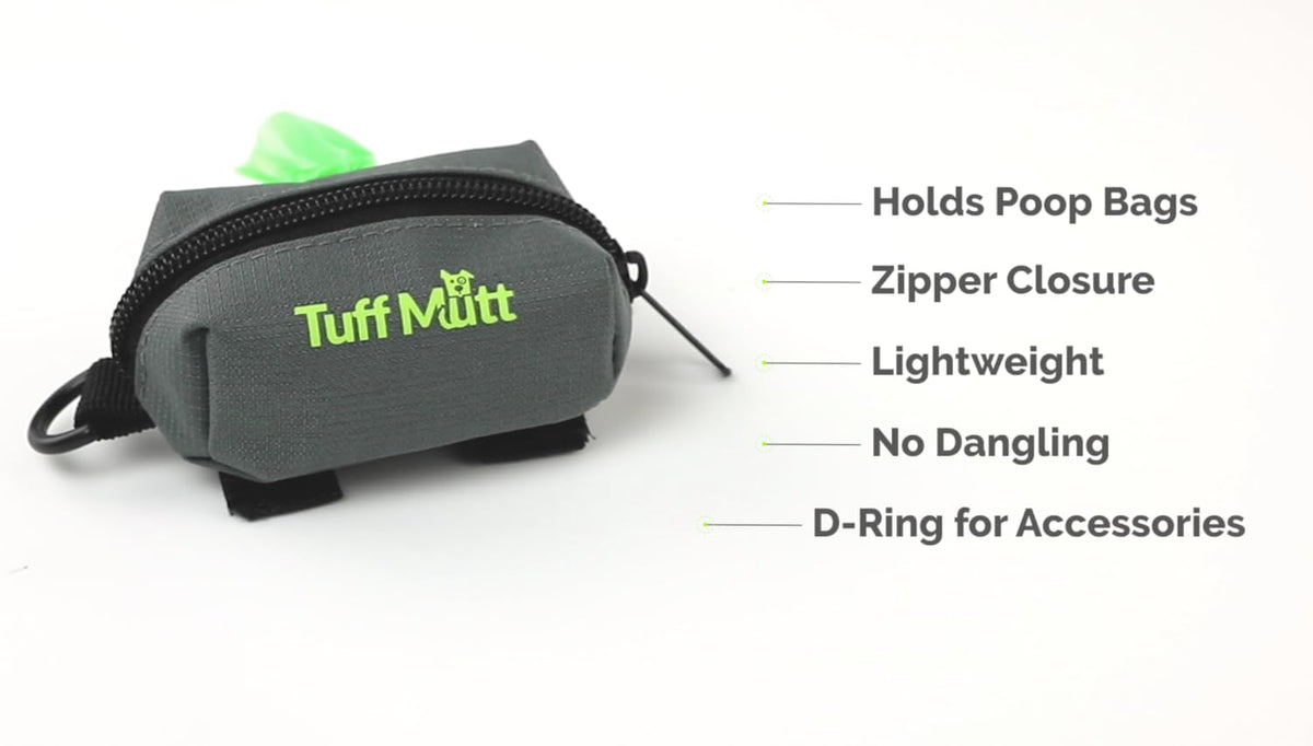 Tuff Mutt Dog Poop Bag Holder for Leashes with Velcro Attachment | Zippered Bag Dispenser, No-Swing Fit, Roomy for Backup Roll & Extras, D-Ring for Keys, Durable Fabric